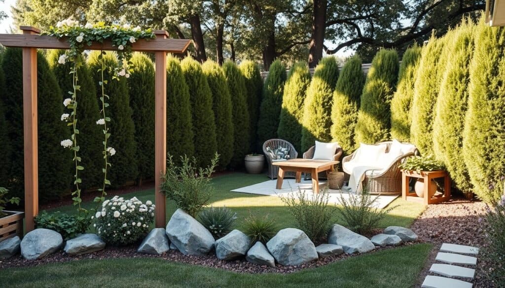 A serene backyard scene illustrating innovative garden decor ideas that create defined boundaries and alleviate spatial anxiety. In the foreground, a beautifully arranged wooden trellis with climbing vines and flowering plants, complemented by strategically placed decorative stones. The middle ground features a cozy seating area with comfortable chairs and a rustic table, surrounded by tall, lush green hedges that offer privacy. In the background, soft, natural lighting filters through nearby trees, casting gentle shadows. The atmosphere is inviting and tranquil, promoting a sense of calm within a well-defined outdoor space. The scene should evoke feelings of comfort and security, encouraging a harmonious blend of nature and decor. Use a wide-angle lens to capture the full scope of this backyard oasis, emphasizing depth and detail.