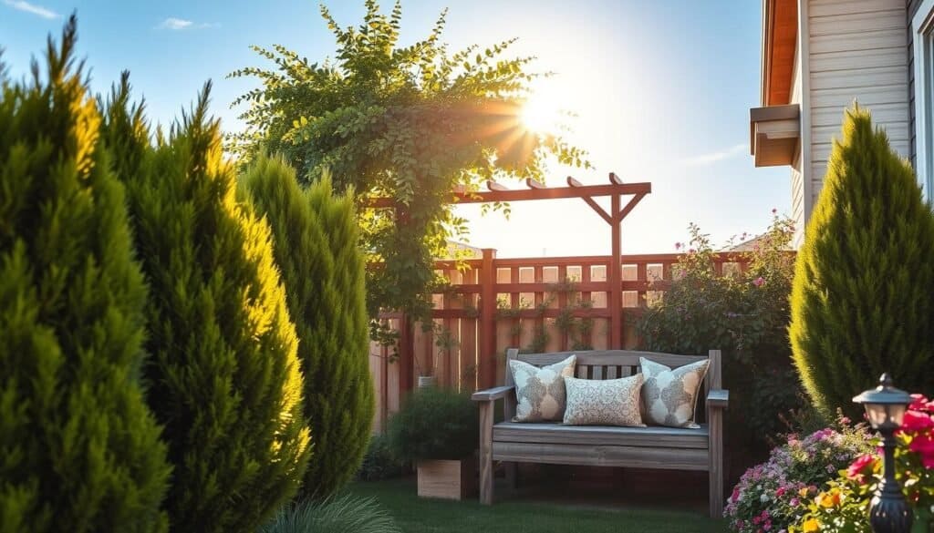 A serene backyard scene illustrating privacy with lush, strategic plantings and elegant structures. In the foreground, a cozy seating area features a rustic wooden bench adorned with decorative cushions, surrounded by tall, vibrant green shrubs and colorful flowering plants that create a natural barrier. In the middle ground, a tastefully designed wooden trellis is draped with climbing vines, offering a charming, shaded nook. The background reveals a clear blue sky filtering soft, golden sunlight that enhances the inviting atmosphere. The overall mood is tranquil and welcoming, perfect for relaxing or socializing. The image captures this perfect private oasis, emphasizing the interplay of light and plant textures, with a focus on realistic home décor elements.