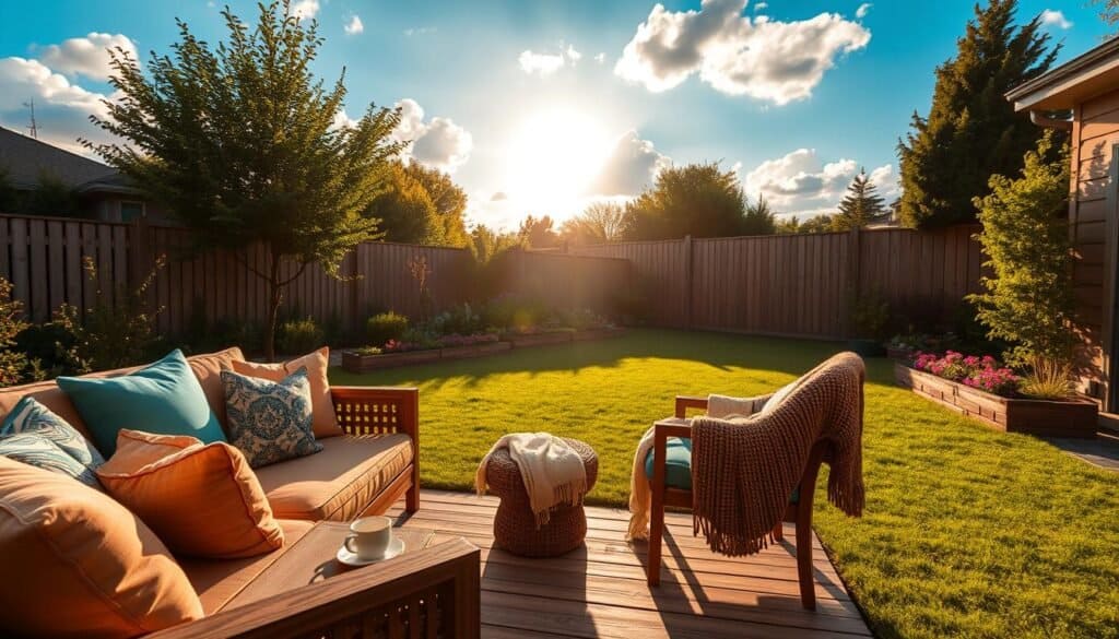 A serene backyard scene set during the golden hour, capturing a cozy and inviting atmosphere. In the foreground, a well-maintained wooden patio with a stylish outdoor sofa adorned with colorful cushions, a small coffee table with a steaming cup of tea, and a soft woven throw casually draped over a chair. The middle ground features lush greenery, vibrant flower beds, and a charming wooden fence that adds warmth. In the background, a blue sky with fluffy white clouds filters soft sunlight, illuminating the entire scene. Subtle shadows play across the grass, enhancing the tranquil mood. The entire composition evokes a sense of relaxation, inviting viewers to imagine themselves enjoying a peaceful 20-minute escape in this beautiful backyard setting.