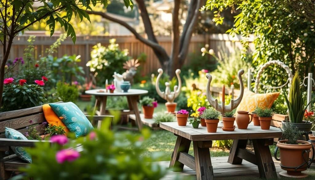 A serene backyard scene showcasing various garden decor projects that introduce personal touches, enhancing emotional connection. In the foreground, a rustic wooden bench adorned with colorful cushions invites relaxation, surrounded by small handcrafted planters filled with vibrant flowers. The middle ground features a cozy table set for tea with homemade terracotta pots and delicate string lights, casting a warm glow. In the background, a lush garden filled with greenery and whimsical garden sculptures creates an inviting atmosphere. The composition is bathed in bright natural light with gentle, soft sunlight filtering through the trees, evoking a sense of comfort and tranquility. Shot from a slightly elevated angle to capture the depth and layers of the space, creating an airy, well-lit ambiance perfect for inspiring garden projects.