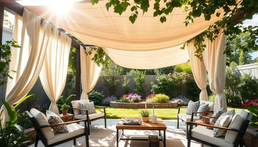 A serene backyard seating area, showcasing various shade solutions, including a stylish pergola draped with soft, billowing fabric and lush climbing plants. In the foreground, a comfortable seating arrangement features modern outdoor chairs and a wooden coffee table adorned with decorative items. In the middle, provide an inviting canopy with ample sunlight filtering through, casting gentle patterns on the ground. In the background, a well-maintained garden with colorful flowers and greenery enhances the tranquil atmosphere. The scene is bathed in bright, natural light with soft sunlight filtering through the leaves, creating an airy, well-lit environment. Capture the inviting essence of this shaded retreat, focusing on the interplay of light and shadow, while ensuring a mood of relaxation and comfort.