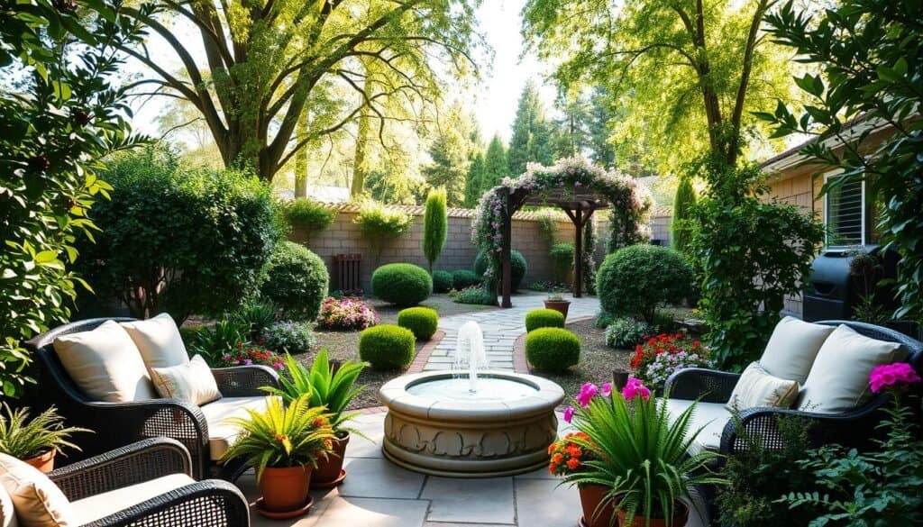 A serene backyard seating area surrounded by lush greenery and vibrant plants, featuring a sparkling water fountain as a central focus. In the foreground, comfortable outdoor furniture with soft cushions invites relaxation, while potted ferns and colorful flowers create a cozy ambiance. The middle ground showcases a stone pathway winding through meticulously arranged shrubs and flowering vines, leading to a charming wooden trellis. In the background, tall trees provide privacy, their leaves filtering bright, soft sunlight that casts gentle shadows. The atmosphere is tranquil and inviting, perfect for unwinding in nature. Capture this scene with a wide-angle lens to highlight the layered composition and enhance the lush details, maintaining a warm and welcoming feel throughout.