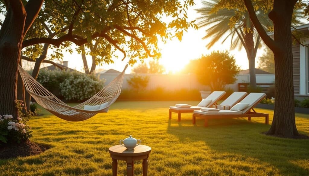 A serene backyard setting designed for relaxation. In the foreground, a comfortable hammock sways gently between two trees, surrounded by lush greenery and blooming flowers. A small wooden table with a steaming cup of tea adds a cozy touch. In the middle ground, a well-maintained lawn features inviting lounge chairs with soft cushions, inviting guests to unwind. The background showcases a softly glowing sunset that bathes the scene in warm, golden light, casting long shadows across the grass. The atmosphere is tranquil and inviting, ideal for a peaceful retreat. Soft, natural lighting enhances the overall feeling of serenity and warmth, creating a perfect escape for relaxation and comfort. The image captures a sense of calm and usability, embodying the ideal backyard sanctuary.