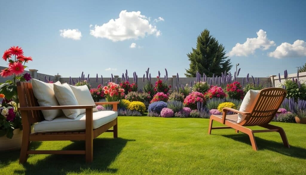 A serene backyard setting featuring comfortable seating arranged to face vibrant flower beds in full bloom. In the foreground, a stylish wooden bench and a couple of cozy lounge chairs, adorned with soft cushions in pastel colors. The middle ground showcases an array of colorful flower beds, overflowing with dahlias, petunias, and lavenders, creating a lush and inviting focal point. In the background, a gently swaying green lawn under a bright blue sky, with a few fluffy clouds adding to the tranquil atmosphere. The scene is bathed in soft, natural sunlight, casting gentle shadows that enhance the inviting feel of the space. The composition is captured using a wide-angle lens to emphasize the beauty of the arrangement, evoking a sense of peace and relaxation in outdoor living.