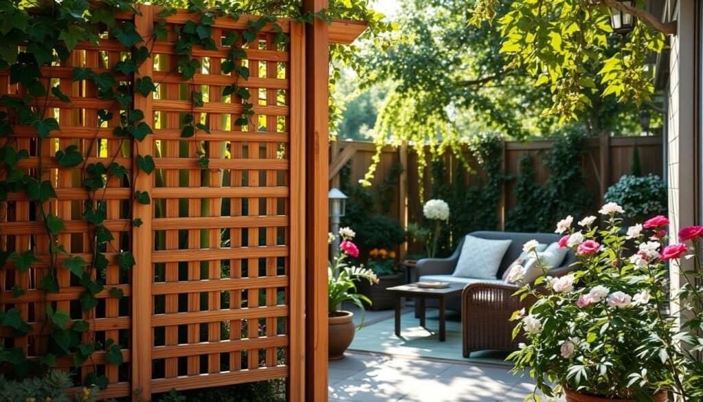 A serene backyard setting featuring elegant garden privacy screens made from natural wood and lush greenery. In the foreground, a beautifully crafted wooden screen adorned with climbing vines creates an inviting atmosphere. The middle ground showcases a cozy seating area with comfortable cushions and a small table, surrounded by flowering plants that enhance a sense of seclusion. In the background, soft sunlight filters through the leaves, casting gentle shadows. The scene is captured from an eye-level perspective, emphasizing depth and inviting the viewer. The overall mood is tranquil and welcoming, ideal for relaxation and comfort in outdoor spaces.