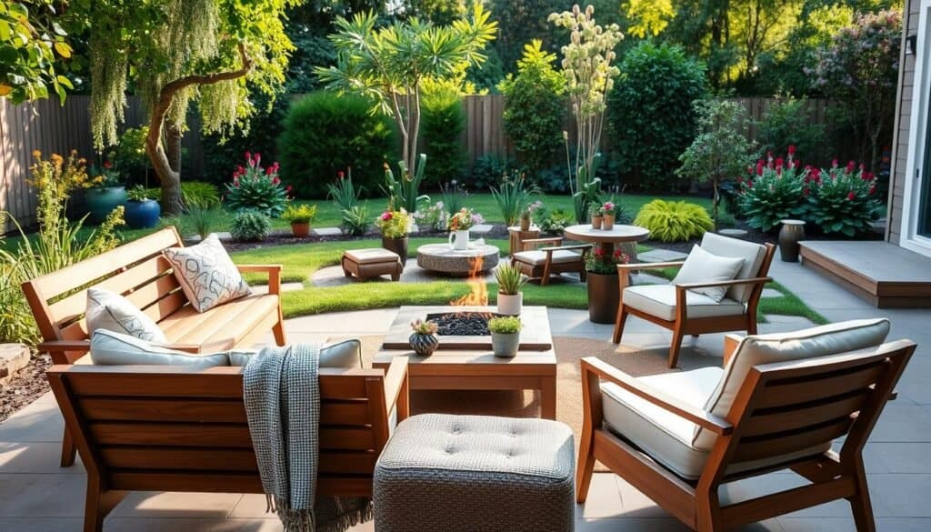 A serene backyard setting showcasing various seating arrangements, focusing on the direction of seating for comfort and social interaction. In the foreground, a stylish wooden bench and two modern lounge chairs are angled towards a central fire pit, inviting conversation. The middle ground features a small coffee table adorned with potted plants and a decorative throw, enhancing the cozy atmosphere. In the background, a lush garden with vibrant flowers and greenery offers a pleasing view. The scene is bathed in soft, natural sunlight, casting gentle shadows and creating a warm, inviting mood. The image should convey tranquility and encourage outdoor use, captured from a slightly elevated angle to provide depth and perspective.
