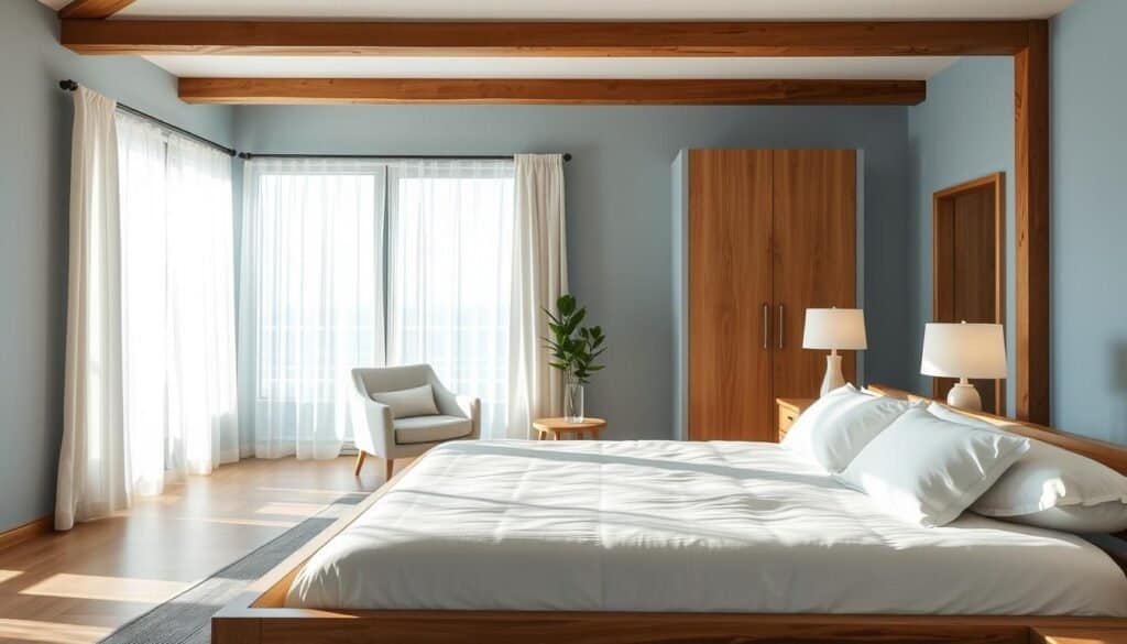 A serene bedroom arrangement designed for tranquility, featuring a calming palette of soft blues and earthy neutrals. In the foreground, a minimalist wooden bed with plush white bedding and a few decorative cushions. To the sides, two elegant nightstands with soft glowing lamps. The middle ground showcases an airy seating area with a cozy armchair and a small coffee table, adorned with a simple green plant for a touch of nature. In the background, a large window allows bright natural light to flood in, highlighting sheer curtains that gently sway. The atmosphere is peaceful and inviting, perfect for relaxation. The image captures a wide-angle view, emphasizing the flow and openness of the space, with soft sunlight creating gentle shadows for depth.