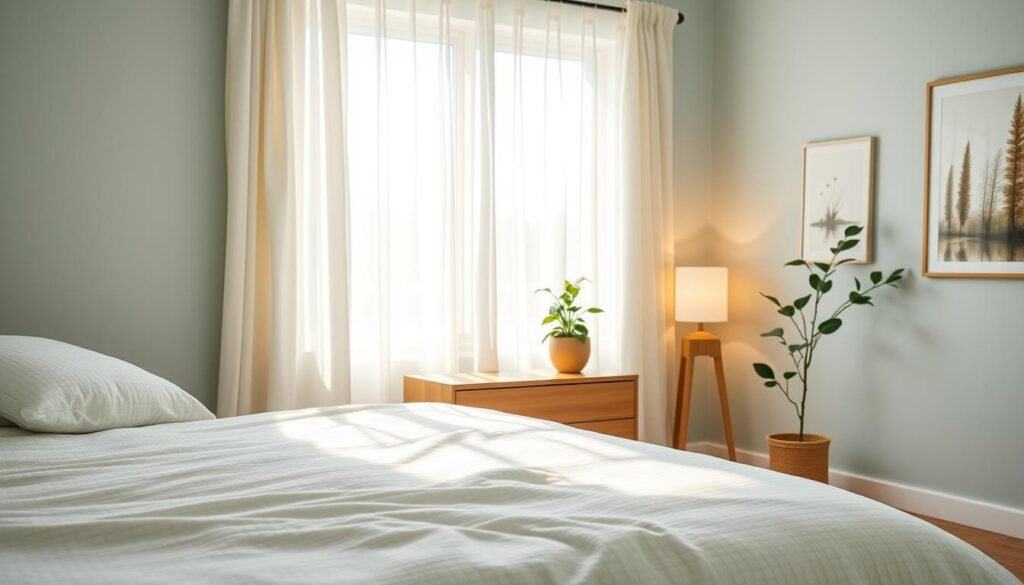 A serene bedroom bathed in bright natural light, showcasing soft, calming colors like pale blues, gentle greens, and warm neutrals. In the foreground, a neatly made bed with a light, textured duvet and plush pillows invites tranquility. The middle ground features a minimalist wooden nightstand adorned with a small potted plant and a soft, glowing lamp. Delicate curtains billow gently in the breeze, diffusing the sunlight. The background reveals a tasteful piece of artwork that reflects nature, contributing to a peaceful atmosphere. The overall mood is harmonious and inviting, designed to engage all five senses for complete tranquility. Use a wide-angle lens to capture the airy feel of the space, emphasizing the soft light and soothing color palette.