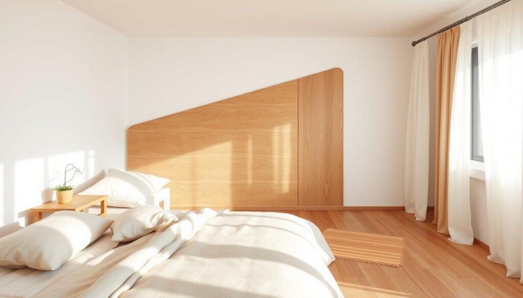 A serene bedroom featuring natural wooden elements that create a calm and grounded atmosphere. In the foreground, a cozy bed with soft, neutral bedding adorned with plush pillows. Beside the bed, a minimalist wooden nightstand with a small potted plant and a softly glowing lamp. In the middle, a textured wooden accent wall painted in warm tones, providing a focal point. A light-weight cotton rug is gently placed on the wooden floor, adding warmth. In the background, soft, airy curtains dance with the gentle breeze, allowing soft sunlight to fill the room, creating a tranquil and inviting ambiance. The overall mood is peaceful and grounded, evoking a sense of calm and relaxation in a well-lit environment.