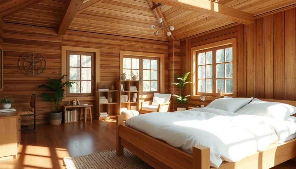 A serene bedroom featuring wood accents, highlighting natural materials and a calming atmosphere. In the foreground, a light wood bed frame with plush white bedding, complemented by wooden nightstands adorned with small potted plants and soft lamp lighting. In the middle ground, a cozy reading nook with a wooden armchair and a small bookshelf made of reclaimed wood, filled with soft, neutral-toned decor. In the background, large windows allow soft sunlight to pour in, illuminating the room with a warm glow, and a rustic wooden ceiling adds character. The overall mood is restful and inviting, perfect for relaxation, with an airy ambiance created by bright, natural light.