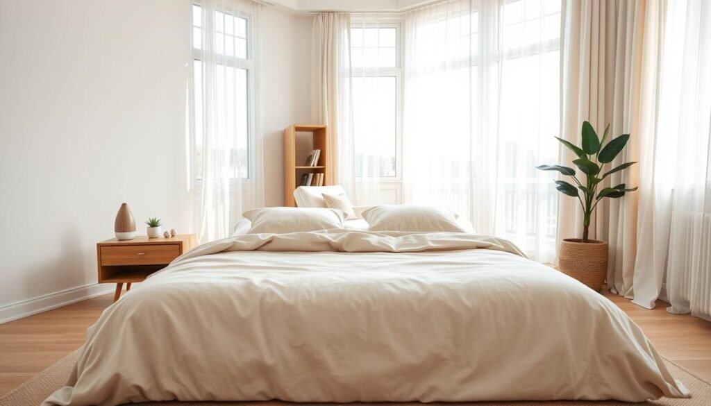 A serene bedroom interior designed for tranquility and minimalism. The foreground features a neatly made bed with soft, neutral-colored bedding and plush pillows, encouraging relaxation. On each side of the bed, there are simple wooden nightstands holding small, decorative plants and a calming essential oil diffuser. The middle ground showcases a cozy reading nook with a light, airy armchair and a small bookshelf filled with calming literature. The background reveals large windows draped with sheer, white curtains allowing soft, natural sunlight to bathe the room in warmth. The overall atmosphere is peaceful and uncluttered, emphasizing a digital-free environment with no visible electronics. The lighting is bright yet gentle, evoking a feeling of calm. A wide-angle view captures the spaciousness, making the room feel inviting and restful.