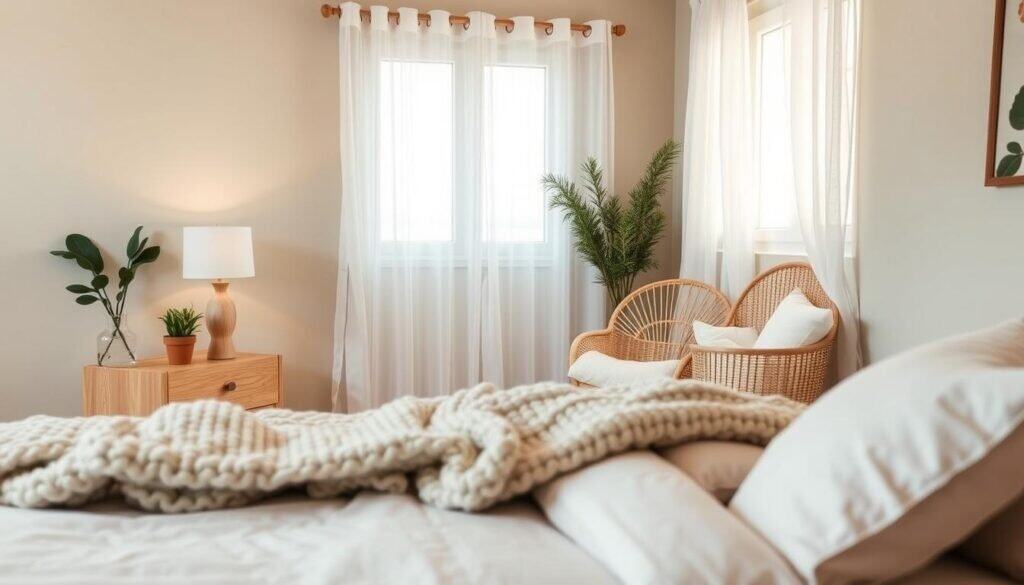 A serene bedroom interior featuring natural decor elements. In the foreground, include a cozy bed adorned with soft, neutral-toned linens and a chunky knitted throw. A stylish wooden nightstand holds a small potted plant and a softly glowing lamp. In the middle, an accent chair made of rattan or light wood complements the natural theme, paired with a woven basket filled with soft blankets. The background showcases a window draped with sheer white curtains, allowing bright, soft sunlight to filter in, illuminating the space. The walls should have a subtle earth-tone finish, perhaps a light beige or soft green, enhancing the organic feel. The overall atmosphere is calm and inviting, evoking a sense of comfort and tranquility.