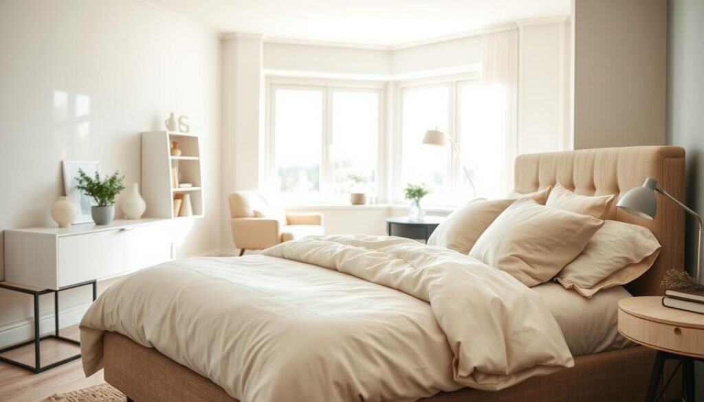 A serene bedroom layout showcasing a well-balanced design, emphasizing flow and functionality. In the foreground, a neatly made queen-sized bed with soft, neutral-colored linens and plush pillows rests beside a minimalist nightstand holding a small plant and a lamp. The middle section features a cozy reading nook with a comfortable armchair and a small bookshelf, enhancing the room's utility. The background reveals large windows allowing bright natural light to flood the space, illuminating the light wooden floors and soft pastel-colored walls. The overall atmosphere is airy and calming, reflecting a peaceful sanctuary. Capture this scene from a slight angle, focusing on the inviting layout while maintaining a warm, inviting vibe with soft sunlight.
