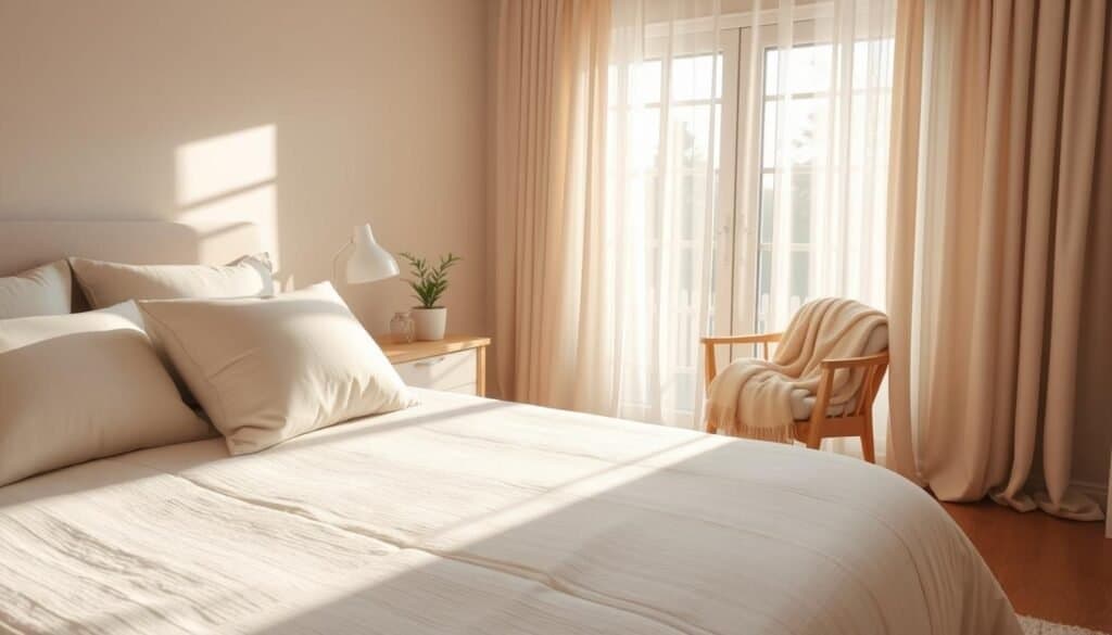 A serene bedroom sanctuary bathed in soft, natural light. The foreground features a plush, neatly made bed with a light-colored comforter adorned with subtle textures. Fluffy pillows in soft pastels are arranged at the head of the bed. In the middle ground, a light wood nightstand holds a small potted plant and a softly glowing lamp. A cozy reading nook with a comfortable chair and a warm throw blanket is tucked next to a large window, revealing a glimpse of nature outside. The background showcases soft, sheer curtains gently swaying with the breeze, allowing sunlight to filter through, creating an airy atmosphere. The overall mood is calm and inviting, perfect for relaxation and peace. The image should be captured at a slightly elevated angle to emphasize the spaciousness and warmth of the sanctuary.
