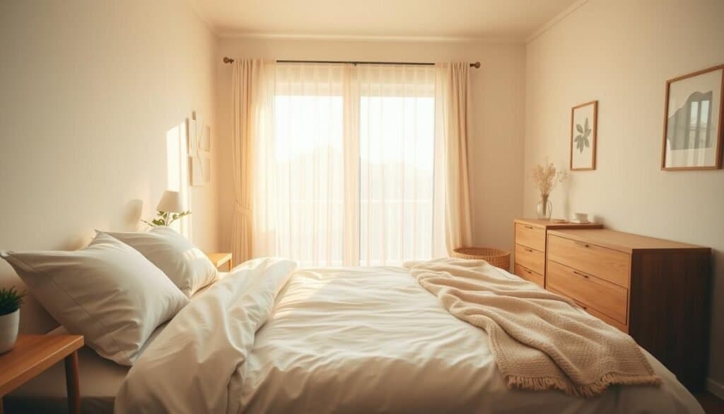 A serene bedroom sanctuary featuring a cozy, minimalistic design. In the foreground, a neatly made bed with soft, neutral-toned linens, fluffy pillows, and a light throw blanket. On one side, a simple wooden nightstand with a small potted plant and a softly glowing lamp. The middle ground showcases an airy window dressed with sheer curtains, allowing warm, natural sunlight to flood the room, creating a calming atmosphere. In the background, soft pastel walls adorned with minimal artwork and a wooden dresser complement the space. The lighting is bright yet soft, enhancing the peaceful ambiance. The overall mood conveys tranquility and comfort, ideal for relaxation and rest.