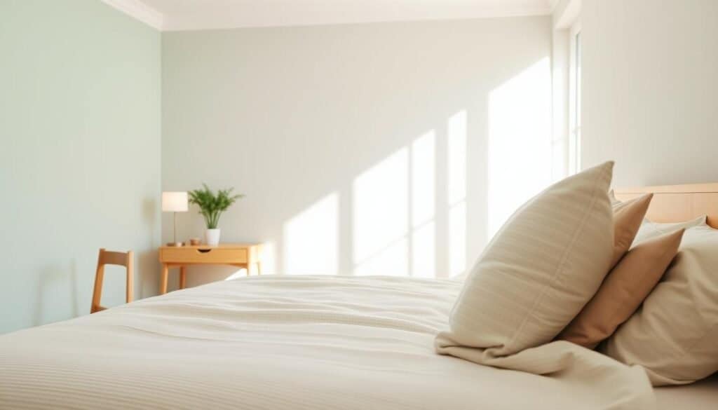 A serene bedroom scene featuring calming color palettes in soft hues of sage green, pale blue, and warm beige. In the foreground, a neatly made bed with a textured, light-colored duvet and plush pillows creates a cozy atmosphere. The middle ground showcases minimalist wooden furniture, including a simple bedside table with a small potted plant and a soft, ambient lamp. In the background, a large window allows streams of bright natural light to flood the room, casting gentle shadows and highlighting the airy feel of the space. The overall mood exudes tranquility and peace, inviting relaxation and harmony. The lighting is soft and warm, emphasizing the soothing colors and textures of the décor.