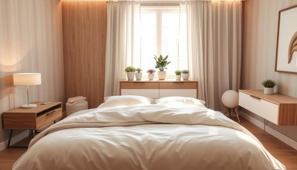 A serene bedroom scene featuring soft, warm lighting that creates a calming atmosphere. In the foreground, a cozy bed with plush white linens and fluffy pillows sits invitingly, accented by a light throw blanket. On either side, sleek wooden bedside tables hold modern lamps with soft, diffused shades casting gentle light. The middle ground showcases a minimalist dresser adorned with small potted plants, adding a touch of greenery and life. In the background, sheer curtains gently billow from an open window, allowing natural sunlight to filter in, enhancing the airy feel of the space. The room is designed with natural wood accents, soft pastel colors, and a tranquil ambiance that evokes relaxation. The overall mood is peaceful, inviting, and harmonious, perfect for fostering a calming experience.