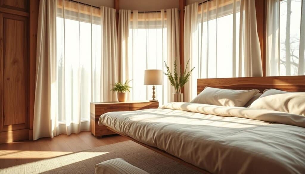 A serene bedroom scene showcasing a harmonious blend of natural wood tones and soft lighting. In the foreground, a beautifully crafted wooden bed frame with rich grain patterns, featuring plush, neutral-colored bedding. The middle ground features a rustic bedside table made of reclaimed wood, topped with a stylish, minimalist lamp emitting a warm, inviting glow. The background displays large windows draped with sheer curtains, allowing bright, natural light to flood the space, enhancing the airy ambiance. Soft sunlight casts gentle shadows, creating a cozy, calming atmosphere. The overall mood is tranquil and inviting, embodying the essence of a timeless, cozy retreat in a modern home. The composition captures a wide-angle perspective to emphasize the spaciousness and warmth of the room.