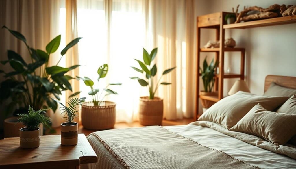 A serene bedroom scene showcasing an inviting atmosphere that brings nature indoors. In the foreground, incorporate a wooden bedside table adorned with a small potted fern, a handcrafted candle, and a textured fabric runner. The middle ground features a cozy bed with natural linen bedding in earth tones, surrounded by large leafy plants in woven baskets, creating a lush, organic feel. The background reveals a soft-focus window with sheer curtains allowing bright, warm sunlight to filter through, illuminating the room. Natural wooden accents like a rustic shelf display driftwood and nature-inspired decor, while a calming color palette enhances the peaceful ambiance. Aim for an airy and well-lit composition, evoking tranquility and connection to nature.