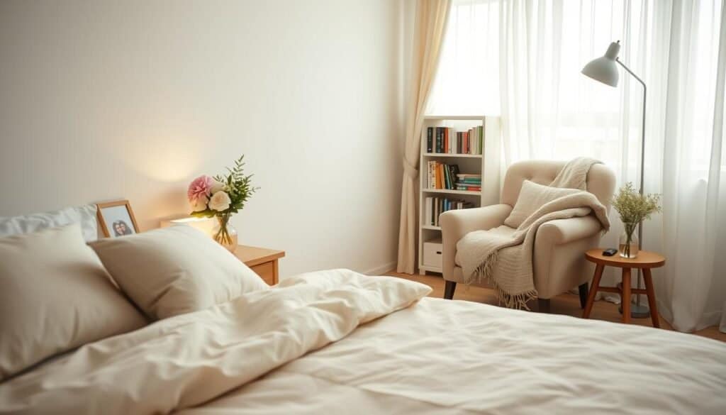 A serene bedroom scene showcasing simple yet stylish decor ideas that reflect personal touches for a peaceful space. In the foreground, a cozy bed with soft pastel bedding and layered pillows, with a wooden bedside table adorned with a small vase of fresh flowers and a framed photo of loved ones. In the middle, a beautifully arranged reading nook featuring a plush armchair, a warm throw blanket, and a small bookshelf filled with colorful books. The background reveals a softly lit window with sheer curtains that allow gentle, natural light to fill the room. The atmosphere is calming and inviting, emphasizing a harmonious blend of tranquility and personal style, captured through a warm, airy lens with a focus on the delicate play of light.
