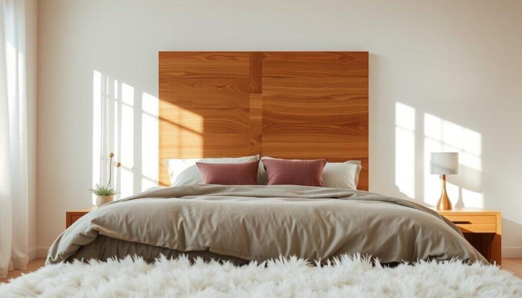 A serene bedroom setting featuring a beautifully crafted wooden headboard made of rich, warm oak, showcasing intricate grain patterns and natural textures. The headboard is placed against a softly colored wall, with cozy bedding and decorative pillows in muted earth tones. In the foreground, a fluffy, white rug adds comfort and warmth. The middle distance highlights a gently diffused sunlight streaming through sheer curtains, casting soft shadows that enhance the peaceful atmosphere. The background includes tasteful wooden nightstands with minimalist décor, bringing an inviting and tranquil vibe. The image is captured with a wide-angle lens to emphasize spaciousness, in bright, natural light that enhances the colors and textures, evoking a restful and relaxing ambiance.