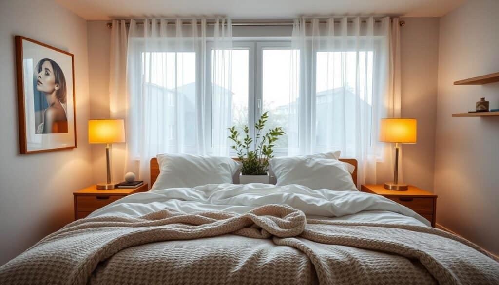 A serene bedroom showcasing a personal sleep sanctuary. In the foreground, a cozy bed with a plush white duvet, surrounded by soft throw pillows and a knitted blanket. On either side, wooden bedside tables hold modern lamps with warm amber light. The middle features large windows draped with sheer curtains that allow soft sunlight to filter through, illuminating the space. A small indoor plant adds a touch of greenery. In the background, calming wall art and a minimalist wooden shelf enhance the tranquil vibe. The overall mood is peaceful and inviting, suggesting relaxation and comfort. The image is well-lit, with a clear focus on the bed, captured at eye level to emphasize the inviting atmosphere.