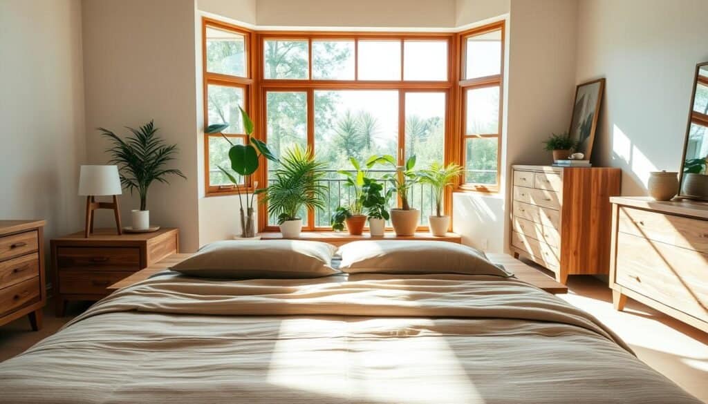 A serene bedroom showcasing natural wood furniture, including a minimalist wooden bed frame, elegant nightstands, and a rustic dresser. The foreground features a soft, textured bedding set in muted tones, creating a calming atmosphere. In the middle ground, large windows allow bright natural light to pour in, casting soft shadows and illuminating the rich grain of the wood. An airy, open space filled with greenery, such as potted plants, enhances the tranquil feel. The background includes a light, neutral color palette on the walls, contributing to a soothing ambiance. The scene is bathed in soft sunlight, captured from a slightly elevated angle to showcase the harmonious blend of wood and nature, emphasizing the relaxing essence of a wood-themed bedroom.