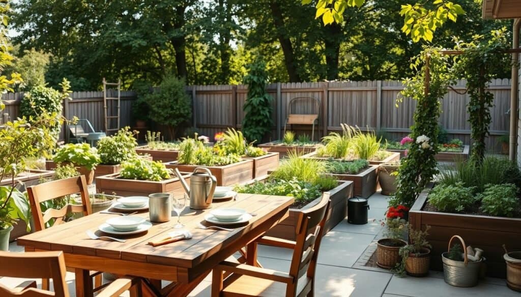 A serene budget-friendly backyard garden setup featuring a cozy outdoor living space. In the foreground, include a rustic wooden dining table set with simple, elegant place settings, surrounded by comfortable chairs. The middle ground showcases raised vegetable beds filled with vibrant greens and colorful flowers, with tools like a watering can and gardening gloves nearby. In the background, a small trellis covered in climbing vines adds depth. The scene is illuminated by bright, soft sunlight filtering through the leaves of nearby trees, creating a warm, inviting atmosphere. The angle captures an inviting patio view, emphasizing a harmonious blend of nature and outdoor living. Perfect for illustrating an outdoor sanctuary that is both practical and enjoyable.