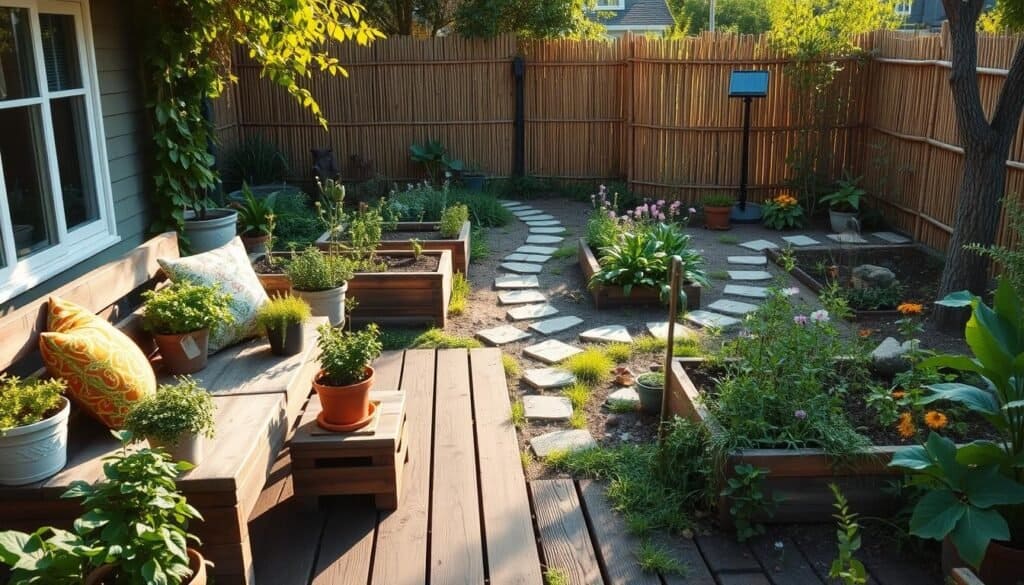 A serene eco-friendly backyard, featuring lush greenery and sustainable elements. In the foreground, a charming wooden deck with comfortable, rustic seating made from reclaimed wood, adorned with colorful potted plants and herbs. In the middle ground, a small vegetable garden with raised beds made from natural materials, surrounded by wildflowers attracting butterflies. A gentle, meandering pathway of stones leads through the garden, adding texture and character. In the background, a bamboo fence provides privacy, with a small solar-powered water feature bubbling softly. The scene is bathed in soft, warm sunlight, creating an inviting and tranquil atmosphere that inspires relaxation and connection with nature. The image captures the essence of sustainable living while emphasizing harmony and peace in the outdoor space.