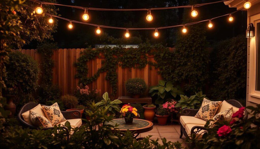 A serene garden illuminated by soft, ambient lighting in the evening. In the foreground, a cozy seating area with elegant outdoor furniture, adorned with decorative cushions, surrounded by lush greenery. String lights dangle above, casting a warm glow that softly highlights the plants and flowers. In the middle ground, various potted plants and flower beds create a sense of depth, their colors muted and inviting under the gentle light. In the background, a wooden fence partially obscured by climbing vines adds a touch of privacy. The mood is tranquil yet slightly somber, emphasizing how poor lighting can make the space feel unwelcoming. Capture this scene with a soft focus lens, highlighting the contrast between shadow and light, showcasing a peaceful retreat that lacks warmth.