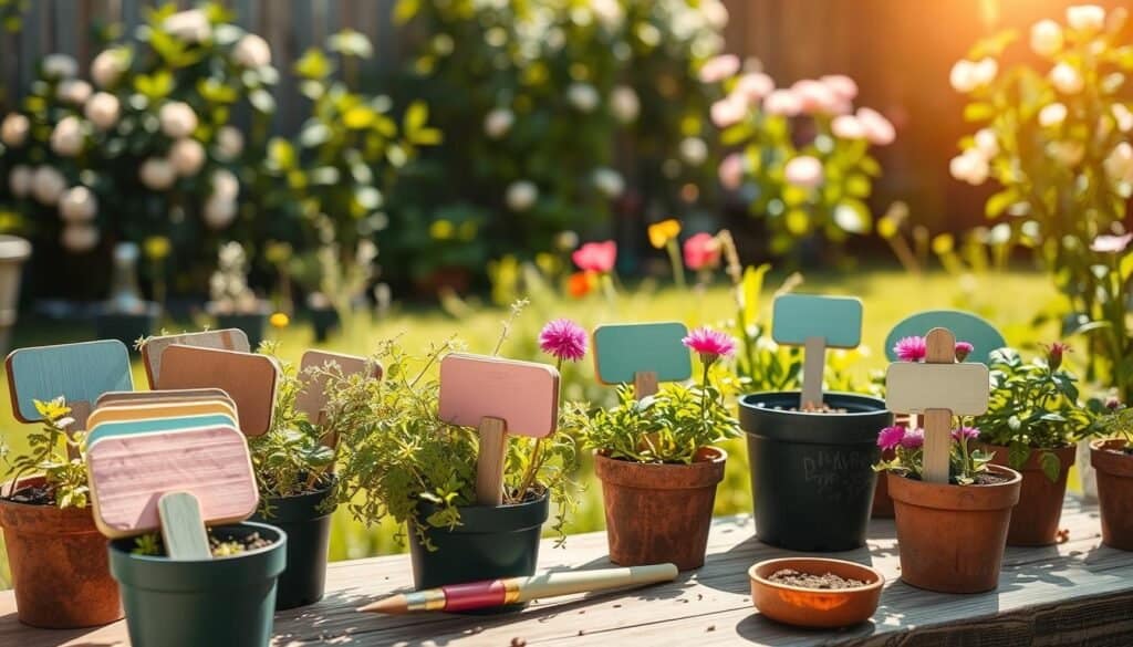 A serene garden scene showcasing various DIY plant labels in a bright, sunlit backyard. In the foreground, a collection of creatively crafted labels made from reclaimed wood, painted in pastel colors, are gently placed in pots filled with vibrant herbs and flowers. In the middle ground, a rustic wooden garden table holds additional tools like a paintbrush and a small pot of soil, suggesting an ongoing crafting session. The background features lush greenery with blooming plants under soft, natural sunlight, casting gentle shadows that create a warm and inviting atmosphere. The image captures a sense of organization and creativity, ideal for promoting an engaging gardening experience.