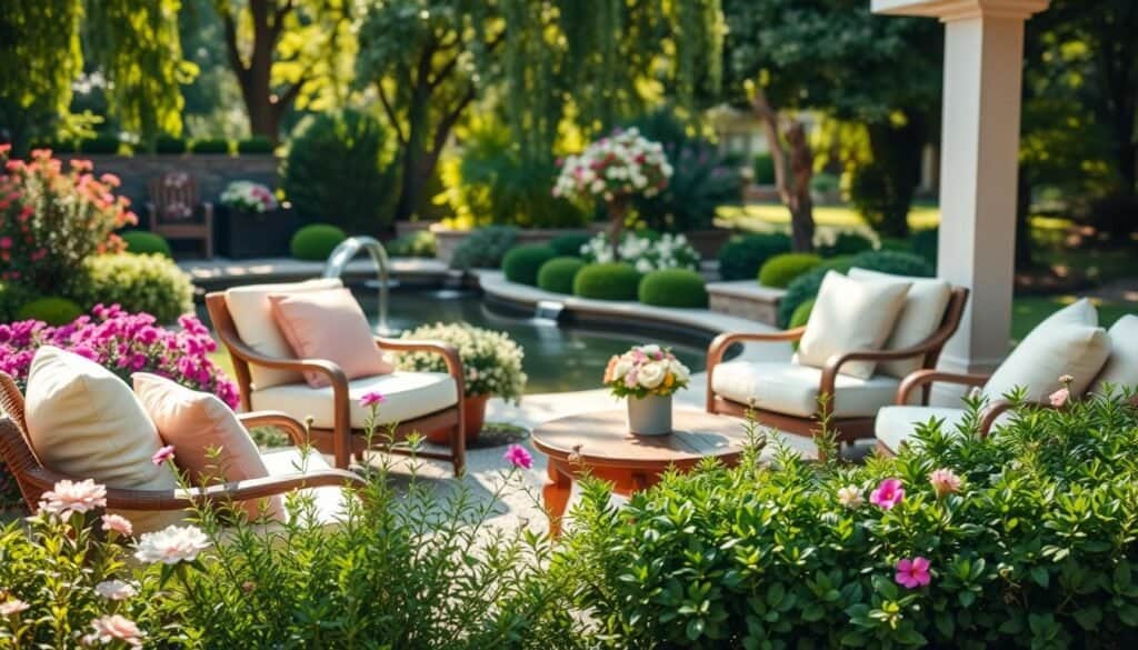 A serene garden seating area designed for relaxation. In the foreground, a cozy, inviting arrangement of plush outdoor chairs with soft cushions in pastel colors, accompanied by a rustic wooden coffee table adorned with fresh flowers. The middle ground showcases a vibrant array of greenery, including flowering plants and neatly trimmed shrubs, adding life and color. In the background, a peaceful setting with a gently flowing water feature and lush trees, dappled sunlight filtering through the leaves, creating a warm and inviting atmosphere. The scene is captured in soft natural light, evoking tranquility and comfort, shot from a slightly elevated angle to encompass the full beauty of the area.