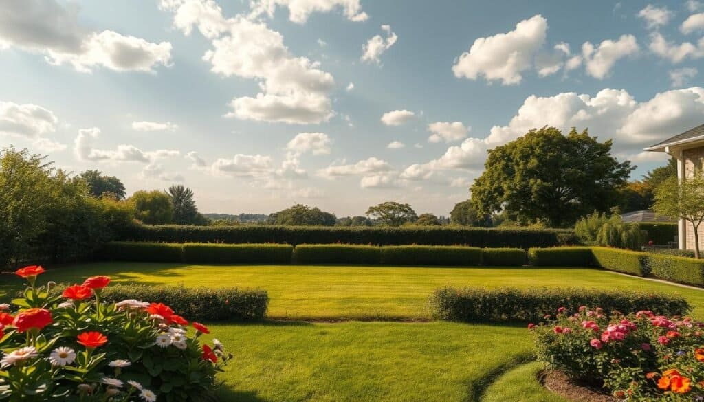 A serene garden setting illustrating a spacious backyard lacking vertical elements, creating an uncomfortable flatness. In the foreground, well-maintained flower beds with vibrant blooms and lush greenery, inviting but devoid of height. The middle ground features low hedges and a neatly trimmed lawn, emphasizing the expansive horizontal space. In the background, an open sky with scattered fluffy clouds, enhancing the feeling of openness. Soft, warm sunlight filters through, casting gentle shadows that add dimension but still evoke a sense of emptiness. The atmosphere is calm yet slightly disconcerting, reflecting the lack of visual vertical interest. The image captures the essence of unstructured outdoor space, showcasing realistic home décor in natural settings. Use a wide-angle lens to emphasize the layout and enhance depth perception.