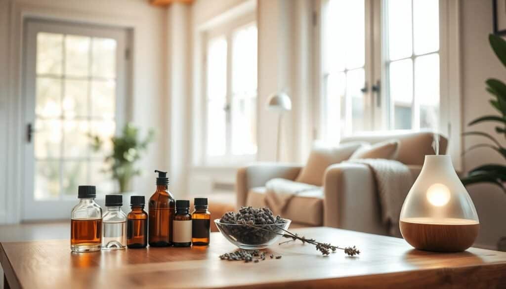 A serene home interior scene, showcasing a cozy corner dedicated to aromatherapy. In the foreground, a beautifully arranged wooden table holds an assortment of essential oils in elegant glass bottles, a small bowl of dried lavender, and a softly glowing diffuser emitting gentle wisps of steam. In the middle ground, a plush, neutral-toned chair invites relaxation, adorned with a knitted throw. A potted plant adds a touch of greenery. In the background, large windows allow bright natural light to flood the space, illuminating the room with warm, soft sunlight. The overall atmosphere is tranquil and inviting, evoking a sense of peace and comfort, ideal for relaxation and wellness. The scene is captured from a slightly elevated angle, focusing on the calming details of the aromatherapy setup.