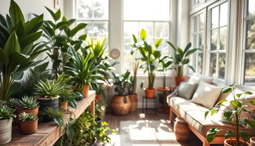 A serene indoor scene featuring a well-maintained collection of indoor plants showcasing expert care tips. In the foreground, a variety of houseplants such as succulents, ferns, and peace lilies are arranged on a rustic wooden shelf. The middle ground highlights a cozy reading nook with soft cushions and a side table, adorned with watering can and plant care tools. In the background, large windows allow bright, natural light to flood the space, illuminating the greenery and adding warmth. The atmosphere is tranquil and inviting, with soft sunlight casting gentle shadows, creating a harmonious indoor environment. Shot with a wide-angle lens to capture the depth of the room, this image embodies a stylish and natural aesthetic ideal for plant lovers.