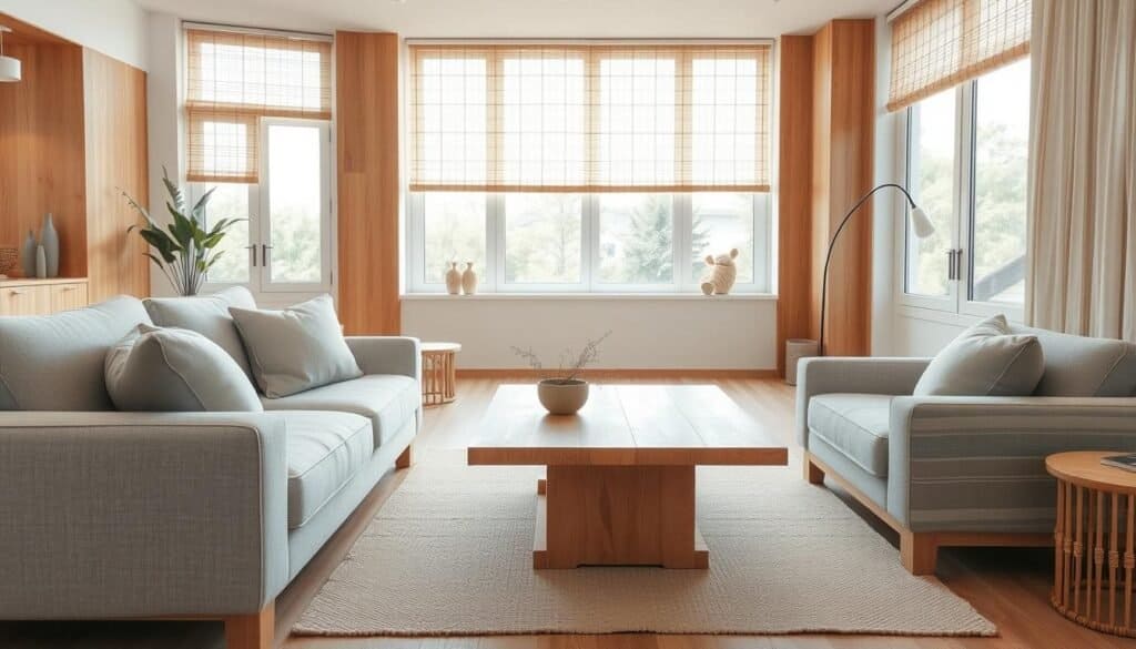 A serene living room design featuring natural wood accents, with a cozy arrangement of soft, neutral-colored furniture. The foreground showcases a plush, light gray sofa adorned with subtle, earthy-toned cushions, paired with a natural wood coffee table that reflects organic textures. In the middle, a tasteful area rug sits beneath the table, adding warmth to the space. A delicate indoor plant adds a hint of greenery, enhancing the calm atmosphere. The background reveals large windows that let in bright, soft sunlight, illuminating the airy room. Light bamboo shades filter the sunlight, creating a soothing effect. The image should evoke tranquility and harmony, with a focus on natural elements and a well-balanced layout. The lighting should be bright yet soft, capturing the essence of a peaceful retreat. A serene living room design featuring natural wood accents, with a cozy arrangement of soft, neutral-colored furniture. The foreground showcases a plush, light gray sofa adorned with subtle, earthy-toned cushions, paired with a natural wood coffee table that reflects organic textures. In the middle, a tasteful area rug sits beneath the table, adding warmth to the space. A delicate indoor plant adds a hint of greenery, enhancing the calm atmosphere. The background reveals large windows that let in bright, soft sunlight, illuminating the airy room. Light bamboo shades filter the sunlight, creating a soothing effect. The image should evoke tranquility and harmony, with a focus on natural elements and a well-balanced layout. The lighting should be bright yet soft, capturing the essence of a peaceful retreat.