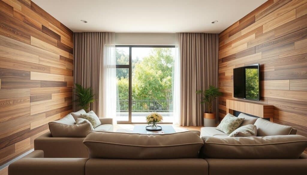 A serene living room featuring stylish wood wall treatments, showcasing a mix of horizontal and vertical wood panels in light oak and walnut finishes. In the foreground, plush, neutral-colored furniture is arranged comfortably, creating an inviting space. The middle ground highlights the beautifully textured wood panels, enhanced by soft, natural sunlight filtering through sheer curtains, casting gentle shadows. In the background, a large window offers a view of a lush green garden, adding to the calm atmosphere. The scene is well-lit and airy, evoking a tranquil and sophisticated vibe, perfect for modern home styling. The perspective is slightly angled to capture the depth of the room, emphasizing the wood accents without any distractions like text or watermarks. A serene living room featuring stylish wood wall treatments, showcasing a mix of horizontal and vertical wood panels in light oak and walnut finishes. In the foreground, plush, neutral-colored furniture is arranged comfortably, creating an inviting space. The middle ground highlights the beautifully textured wood panels, enhanced by soft, natural sunlight filtering through sheer curtains, casting gentle shadows. In the background, a large window offers a view of a lush green garden, adding to the calm atmosphere. The scene is well-lit and airy, evoking a tranquil and sophisticated vibe, perfect for modern home styling. The perspective is slightly angled to capture the depth of the room, emphasizing the wood accents without any distractions like text or watermarks.