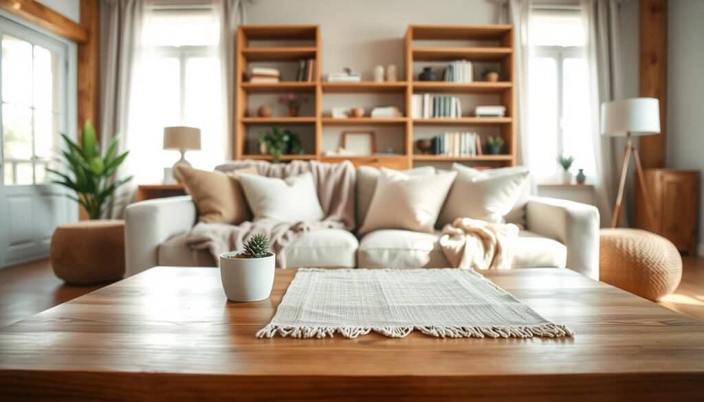 A serene living room scene featuring a beautiful balance of natural wood elements and soft textiles. In the foreground, a smooth, polished wooden coffee table is adorned with a delicate, textured linen table runner and a small potted plant. The middle of the room showcases a cozy sofa draped with plush throw blankets in muted pastel hues, complemented by soft, inviting cushions. Behind, large windows let in bright, soft sunlight, illuminating the space and enhancing the warmth of wooden shelves loaded with books and decorative items. The overall atmosphere is calm and inviting, emphasizing the harmony between the rustic charm of wood and the softness of textiles, capturing a sense of tranquility and elegance in home décor. A serene living room scene featuring a beautiful balance of natural wood elements and soft textiles. In the foreground, a smooth, polished wooden coffee table is adorned with a delicate, textured linen table runner and a small potted plant. The middle of the room showcases a cozy sofa draped with plush throw blankets in muted pastel hues, complemented by soft, inviting cushions. Behind, large windows let in bright, soft sunlight, illuminating the space and enhancing the warmth of wooden shelves loaded with books and decorative items. The overall atmosphere is calm and inviting, emphasizing the harmony between the rustic charm of wood and the softness of textiles, capturing a sense of tranquility and elegance in home décor.