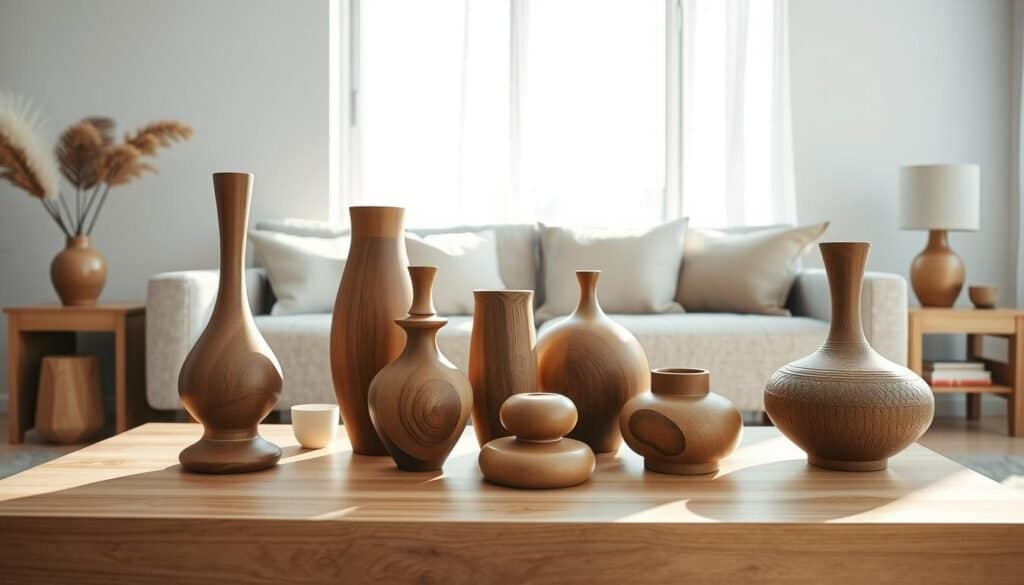 A serene living room scene featuring an array of beautifully crafted wooden decorative objects. In the foreground, elegant wooden vases and sculptures are arranged on a minimalist coffee table made of light-colored wood, reflecting soft sunlight. The middle ground presents a cozy, textured sofa adorned with light, neutral cushions, accented by subtle wooden details in the side tables. In the background, a large window invites bright, airy natural light, illuminating the space and casting gentle shadows. The overall mood is calm and inviting, emphasizing the warmth of wood in a stylish, contemporary setting. The composition is shot from a slightly elevated angle, enhancing the visual harmony and balance of the decor, all captured in rich, realistic detail. A serene living room scene featuring an array of beautifully crafted wooden decorative objects. In the foreground, elegant wooden vases and sculptures are arranged on a minimalist coffee table made of light-colored wood, reflecting soft sunlight. The middle ground presents a cozy, textured sofa adorned with light, neutral cushions, accented by subtle wooden details in the side tables. In the background, a large window invites bright, airy natural light, illuminating the space and casting gentle shadows. The overall mood is calm and inviting, emphasizing the warmth of wood in a stylish, contemporary setting. The composition is shot from a slightly elevated angle, enhancing the visual harmony and balance of the decor, all captured in rich, realistic detail.