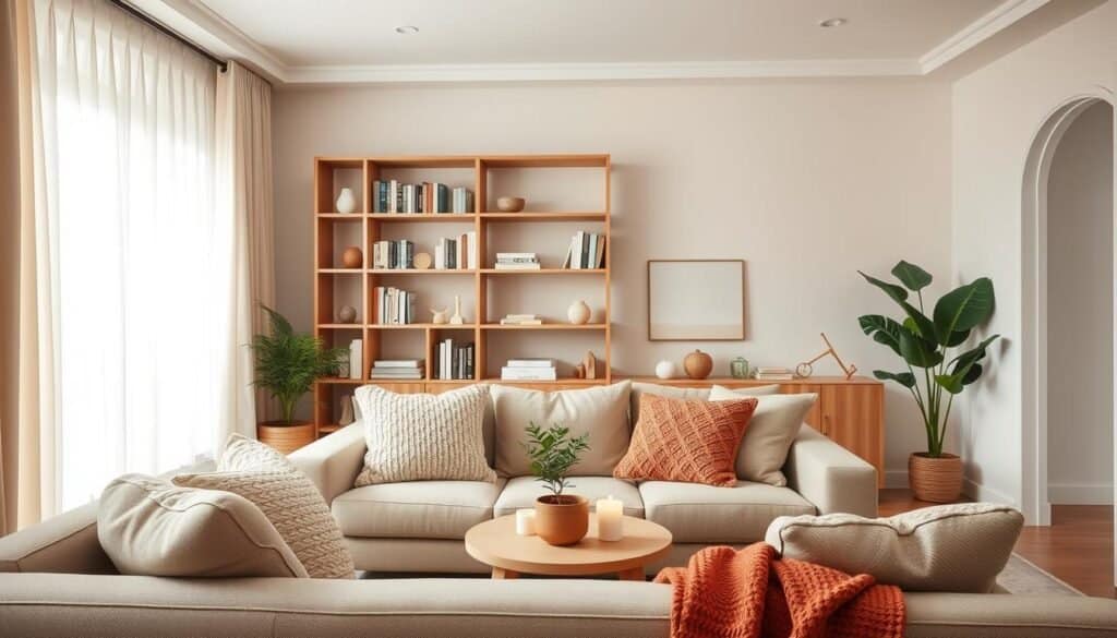 A serene living room showcasing a cozy color palette, emphasizing soft earthy tones like warm beige, muted greens, and gentle terracotta. In the foreground, a plush sofa with knitted throw pillows invites relaxation, surrounded by a small round coffee table adorned with candles and a potted plant. The middle ground features a stylish wooden bookshelf filled with books and decorative items, adding warmth and texture. The background reveals a large window draped with light, sheer curtains, allowing soft, diffused sunlight to fill the room, creating an inviting atmosphere. The overall mood is calm and soothing, illustrating how a harmonious color scheme can influence comfort and well-being. The scene is captured from a slightly elevated angle, providing a comprehensive view of the cozy setup.