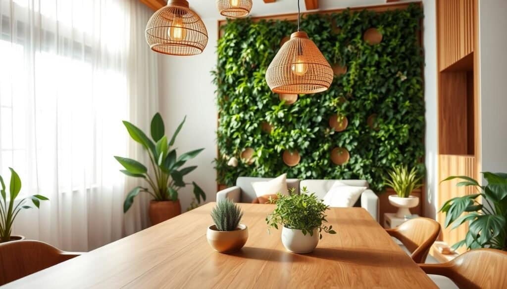 A serene living space designed with biophilic features, showcasing natural elements harmoniously integrated into the decor. In the foreground, a stylish wooden dining table adorned with lush greenery, including small potted plants and succulents. The middle ground features a large window, allowing bright natural light to flood the room, with sheer drapes gently swaying in a soft breeze. Hanging overhead are organic-shaped pendant lights made from natural materials, casting warm, inviting glows. In the background, a wall of living plants climbs gracefully, creating a vibrant backdrop against neutral-colored walls adorned with wooden accents. The atmosphere is calm and inviting, emphasizing comfort and tranquility, with a focus on sustainability and a connection to nature, captured in soft sunlight to illuminate textures and colors.