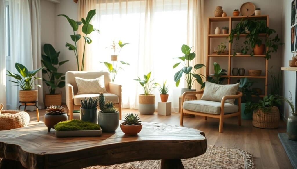 A serene living space featuring natural accents that evoke a grounded atmosphere. In the foreground, a rustic wooden coffee table adorned with potted succulents and moss, surrounded by a cozy woven rug. The middle ground includes a comfortable armchair with natural fiber upholstery, placed near a large window draped with sheer curtains, allowing soft sunlight to flood the space. In the background, strategically positioned indoor plants such as tall fiddle leaf figs and cascading pothos, framed by light wooden shelves displaying artisanal wooden decor items. The entire scene is bathed in warm, inviting daylight, creating an airy and tranquil mood, with a focus on natural textures and earthy tones for a harmonious and inviting environment.
