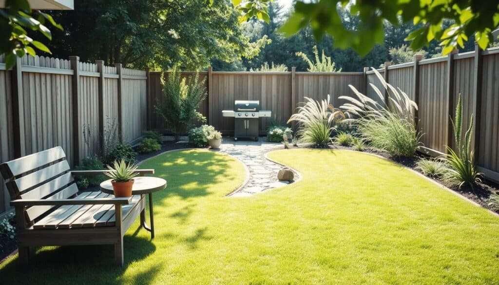 A serene low-maintenance backyard design featuring a neatly trimmed lawn with minimal flower beds, surrounded by a simple wooden fence. The foreground showcases a cozy seating area with a weathered wooden bench and a small, round table adorned with a potted succulent. In the middle, a pebble pathway leads to a compact outdoor grill, hinting at relaxed outdoor cooking. The background reveals a small herb garden bordered by low-maintenance shrubs and ornamental grasses that sway gently in a soft breeze. The scene is bathed in bright natural light, with soft sunlight filtering through leaves, creating an inviting yet peaceful atmosphere. The lens captures a wide-angle view, enhancing the spacious feel of the backyard, ideal for enjoying nature without excessive upkeep.