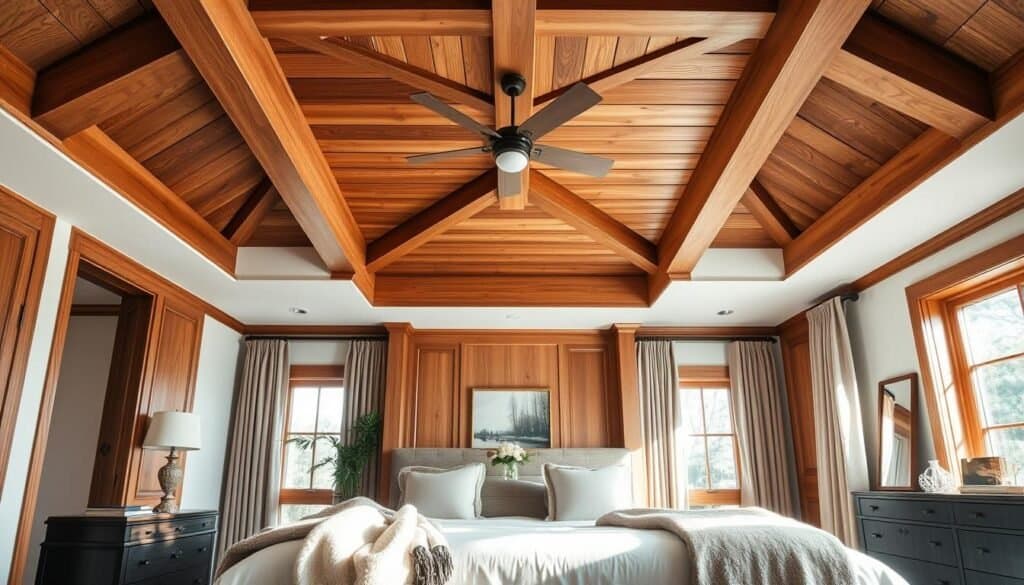 A serene master bedroom featuring beautiful wooden ceiling treatments, showcasing a mix of exposed beams and elegant paneling. The foreground includes a cozy bed adorned with soft linens and elegant throws, complemented by a stylish wooden nightstand. In the middle, the eye is drawn to the intricately designed wooden ceiling, which highlights warm, natural tones and precise craftsmanship. Soft sunlight filters through large windows, casting gentle shadows and enhancing the warmth of the wood. The background displays a tranquil decor with greenery and art, creating an inviting atmosphere. The image is captured at a gentle angle, emphasizing the spaciousness and calm vibe of the room, with bright natural light creating a peaceful and airy ambiance.