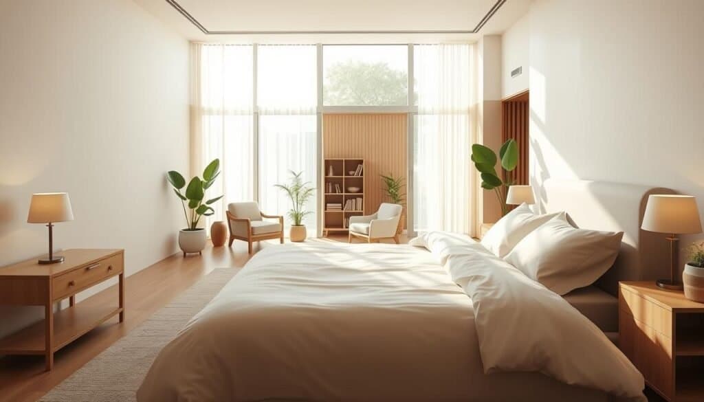 A serene master bedroom interior that features a minimalist design for ultimate tranquility. In the foreground, include a plush, neutral-colored king-sized bed with soft linens and an elegant, simple headboard. Arrange delicate bedside tables with stylish lamps casting soft, warm light. In the middle, showcase a cozy reading nook with a comfortable armchair and a small bookshelf, all bathed in bright natural light streaming through large, floor-to-ceiling windows, framed by sheer curtains. In the background, add subtle wooden accents and indoor plants for a touch of green, enhancing the calming atmosphere. The entire scene should exude warmth, comfort, and simplicity, captured with a wide-angle lens to present an inviting, airy space bathed in soft sunlight, creating a serene and uncluttered feel.
