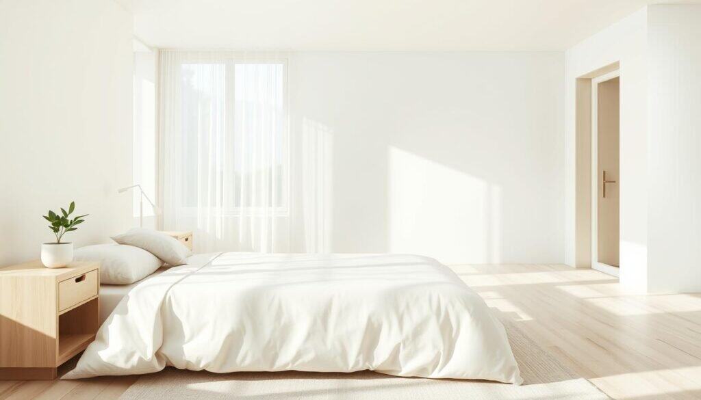 A serene minimalist bedroom design featuring a comfortable queen-size bed with a simple, neutral-colored duvet and soft, plush pillows. The foreground includes a lightweight wooden nightstand with a small, potted plant and a gentle desk lamp. In the middle, the room showcases a spacious, airy layout with light wooden floors and a soft area rug for texture. The background includes large windows allowing bright, natural light to flood in, creating a warm and inviting atmosphere. Soft sunlight filters through sheer curtains, casting gentle shadows. The overall color palette is muted, featuring whites, creams, and light woods, evoking a sense of tranquility and natural comfort. The image captures the essence of a calming retreat, emphasizing simplicity and functional design.