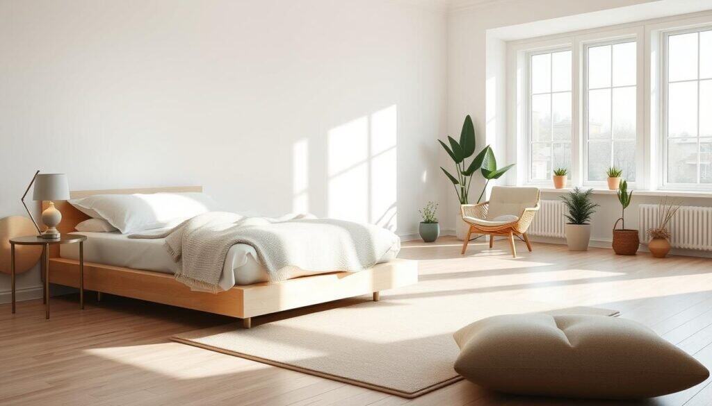 A serene minimalist bedroom featuring a simple, low-profile platform bed adorned with crisp white linens and a soft, textured throw blanket. In the foreground, a small, elegant bedside table holds a modern lamp with a warm glow. The middle of the room showcases a gentle area rug defining the space, coupled with a comfortable reading chair in soft, neutral tones. The background reveals large windows allowing bright, natural light to flood the room, illuminating the light wood floors and soft wall colors. A few carefully selected potted plants add a touch of greenery, enhancing the peaceful atmosphere. The composition should evoke tranquility and simplicity, with soft sunlight enhancing the airy, well-lit feel of the space. Capture the scene from a slightly elevated angle for a comprehensive view.