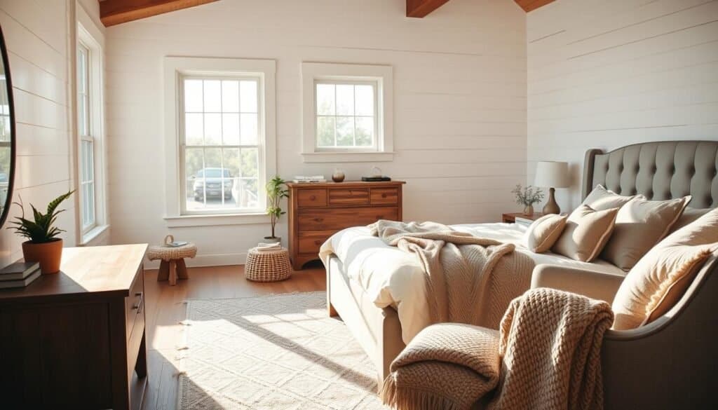 A serene modern farmhouse bedroom, featuring a king-sized upholstered bed with soft, neutral bedding and a variety of textured throw pillows. In the foreground, a rustic wooden bedside table holds a small potted plant and a softly glowing lamp. The middle ground showcases a stylish area rug beneath the bed, complemented by a cozy armchair with a knitted throw draped over it. Large windows in the background allow bright, natural light to stream in, illuminating the room with warm, soft sunlight. The walls are clad in white shiplap, enhancing the airy and spacious feel. The overall atmosphere exudes comfort and relaxation, ideal for restful sleep from morning to night, captured with a soft-focus lens at a slight angle to emphasize depth.