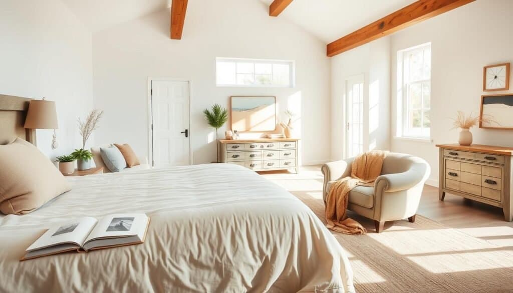 A serene modern farmhouse bedroom, featuring a plush king-sized bed dressed in neutral linens, with accent pillows in soft earth tones. The foreground showcases a rustic wooden nightstand adorned with a small potted plant and a cozy book. In the middle, an inviting, oversized armchair and a woven throw blanket add comfort, while the warm, natural light filters through large windows, casting gentle shadows. The walls are painted in a soft white, with wooden beams accentuating the ceiling. In the background, a glimpse of a vintage-style dresser and a minimalist artwork on the wall enhances the inviting atmosphere. Capture this scene from a slight angle to create depth, emphasizing the airy, well-lit essence of the space that feels both stylish and livable, evoking warmth and tranquility.