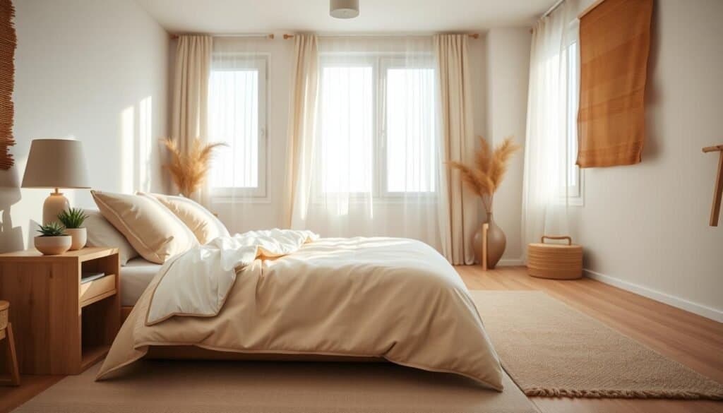 A serene neutral bedroom, featuring a comfortable king-sized bed dressed in soft beige and white linens, accented by Earthy-toned pillows. In the foreground, a cozy wooden bedside table with a minimalistic lamp and a small potted succulent exudes a calming vibe. The middle ground showcases a soft area rug in muted tones, creating a warm, inviting feel. In the background, large windows allow bright natural light to filter through sheer curtains, bathing the room in gentle sunlight. Subtle wooden accents and a woven textile on the wall add texture and warmth to the space. The overall atmosphere is tranquil and relaxing, perfect for promoting restful sleep and rejuvenation. The lens captures the scene with a slight depth of field, emphasizing the inviting decor while maintaining clarity throughout the room.